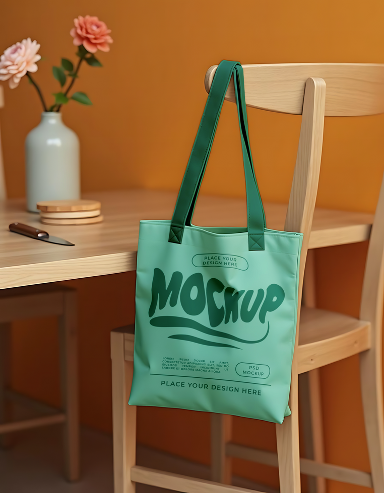 A teal tote bag with Mockup written across it hangs from a wooden chair psd