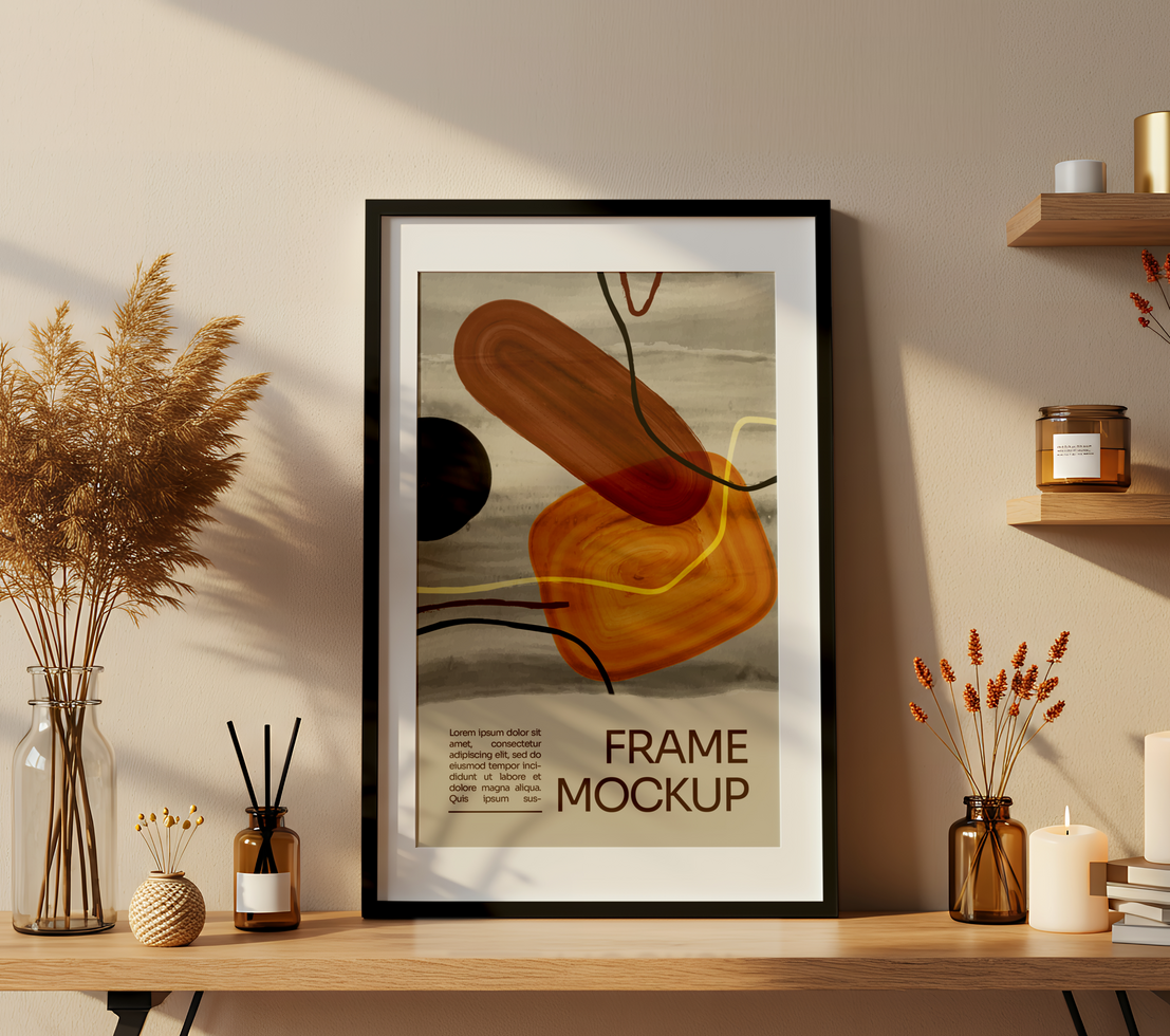 A framed abstract painting with warm earth tones and organic shapes sits on a minimalist styled shelf psd