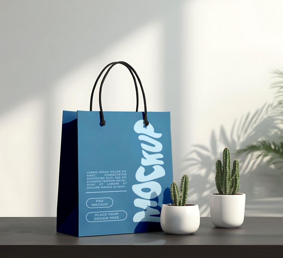 A blue shopping bag mockup sits on a table next to two small potted cacti psd