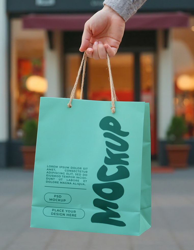A teal shopping bag with the word Mockup printed on it is held by a hand psd
