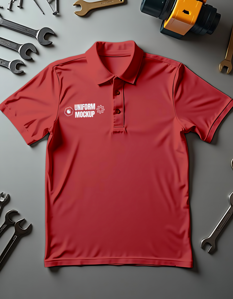 A red polo shirt with Uniform Mockup embroidered on the chest surrounded by tools psd