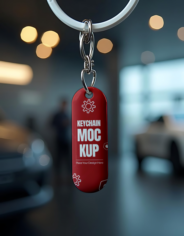 A red keychain mockup hangs in a car showroom psd