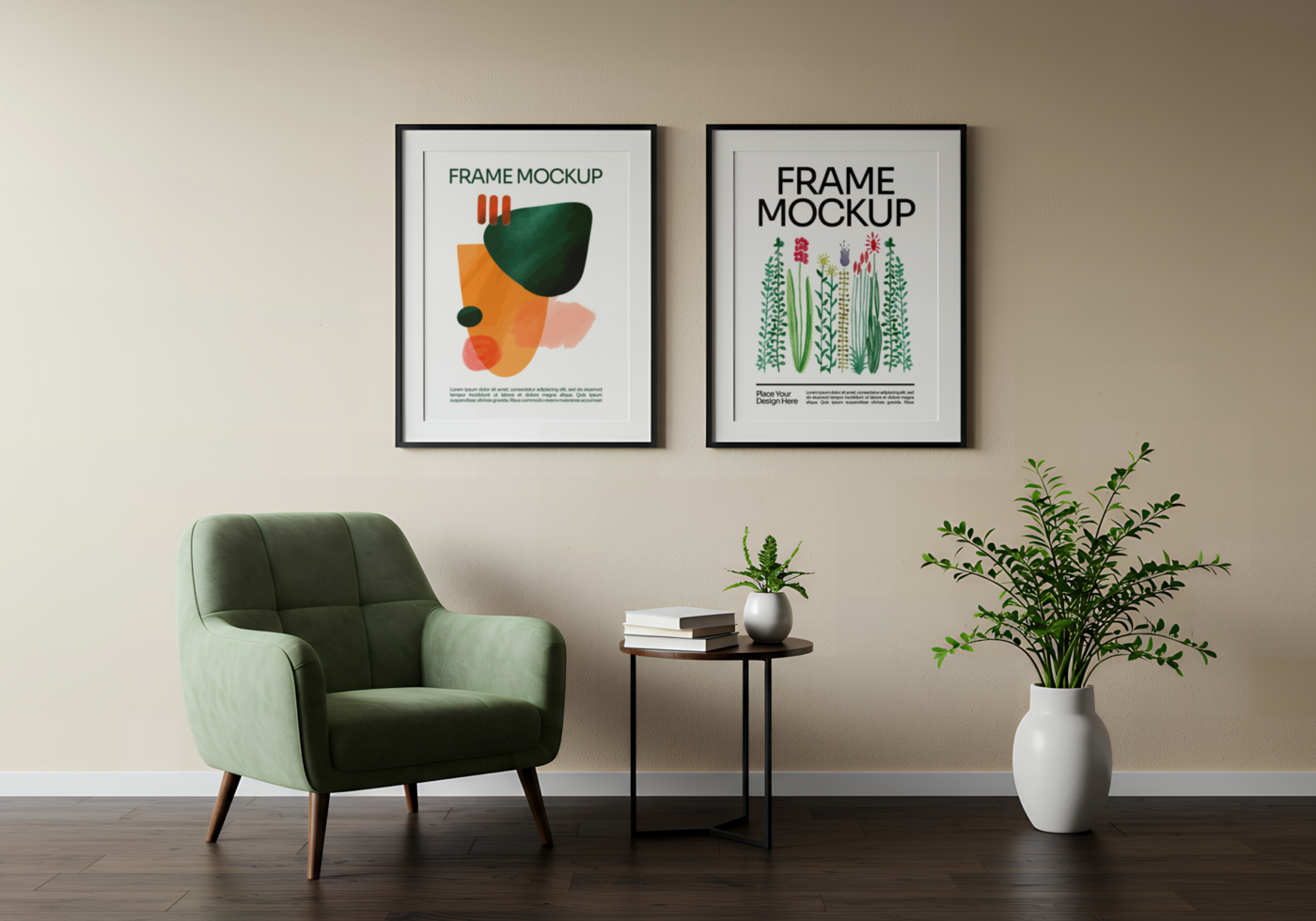 A sage green armchair sits beside a side table displaying books and plants in front of two framed abstract prints psd