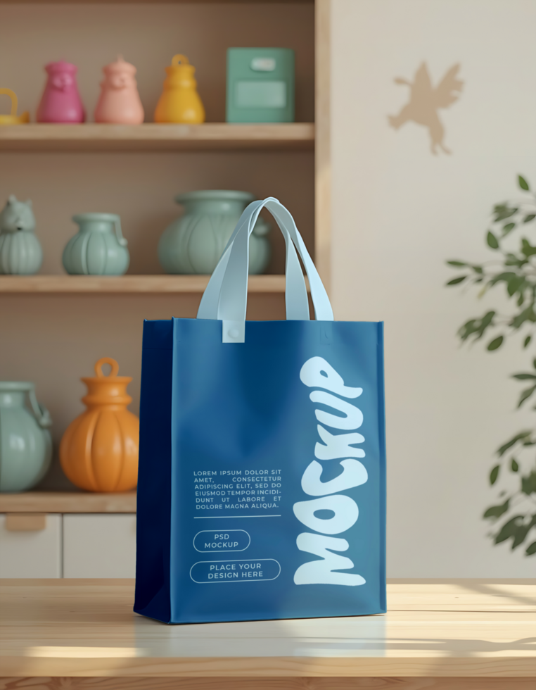 A blue mockup tote bag sits on a wooden table in front of a shelf with colorful pottery psd
