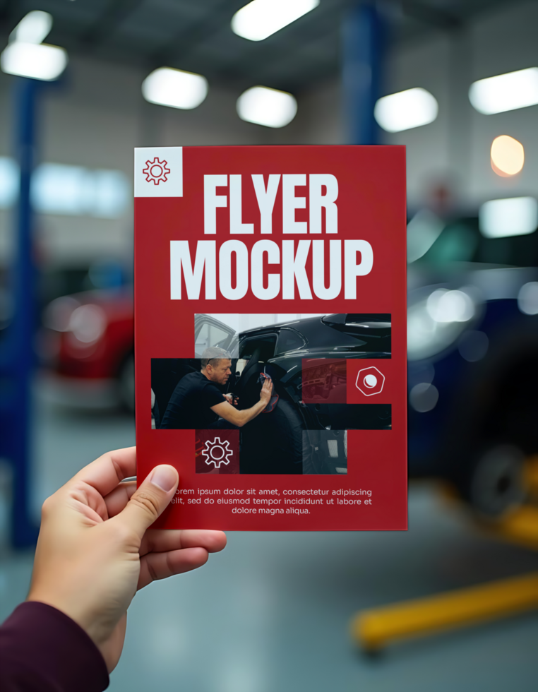A hand holds up a red flyer mockup advertising auto detailing services psd