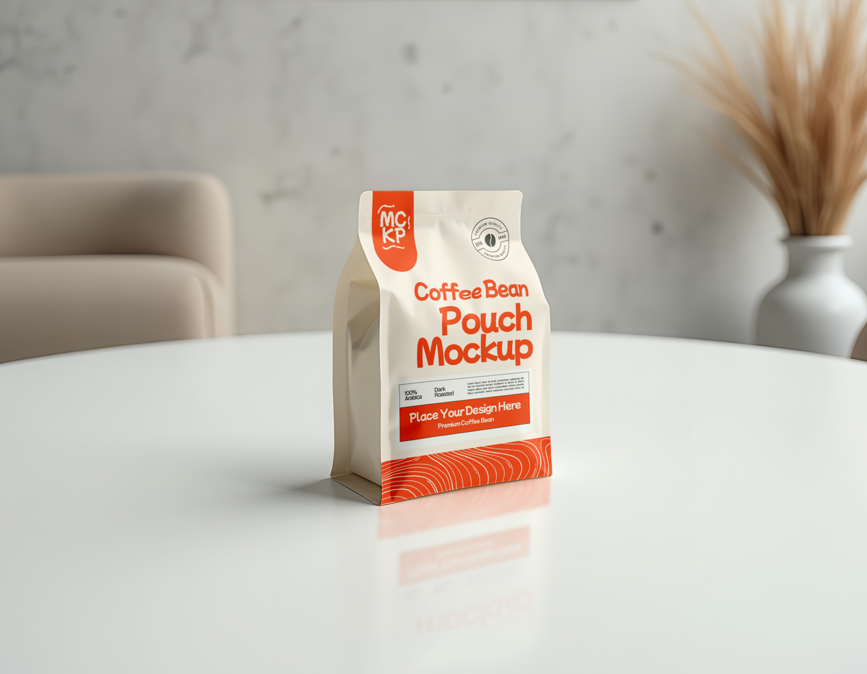 A coffee bean pouch mockup sits on a white table psd