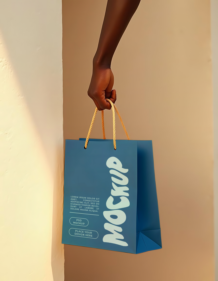 A hand holds a blue shopping bag with the word Mockup printed on it psd