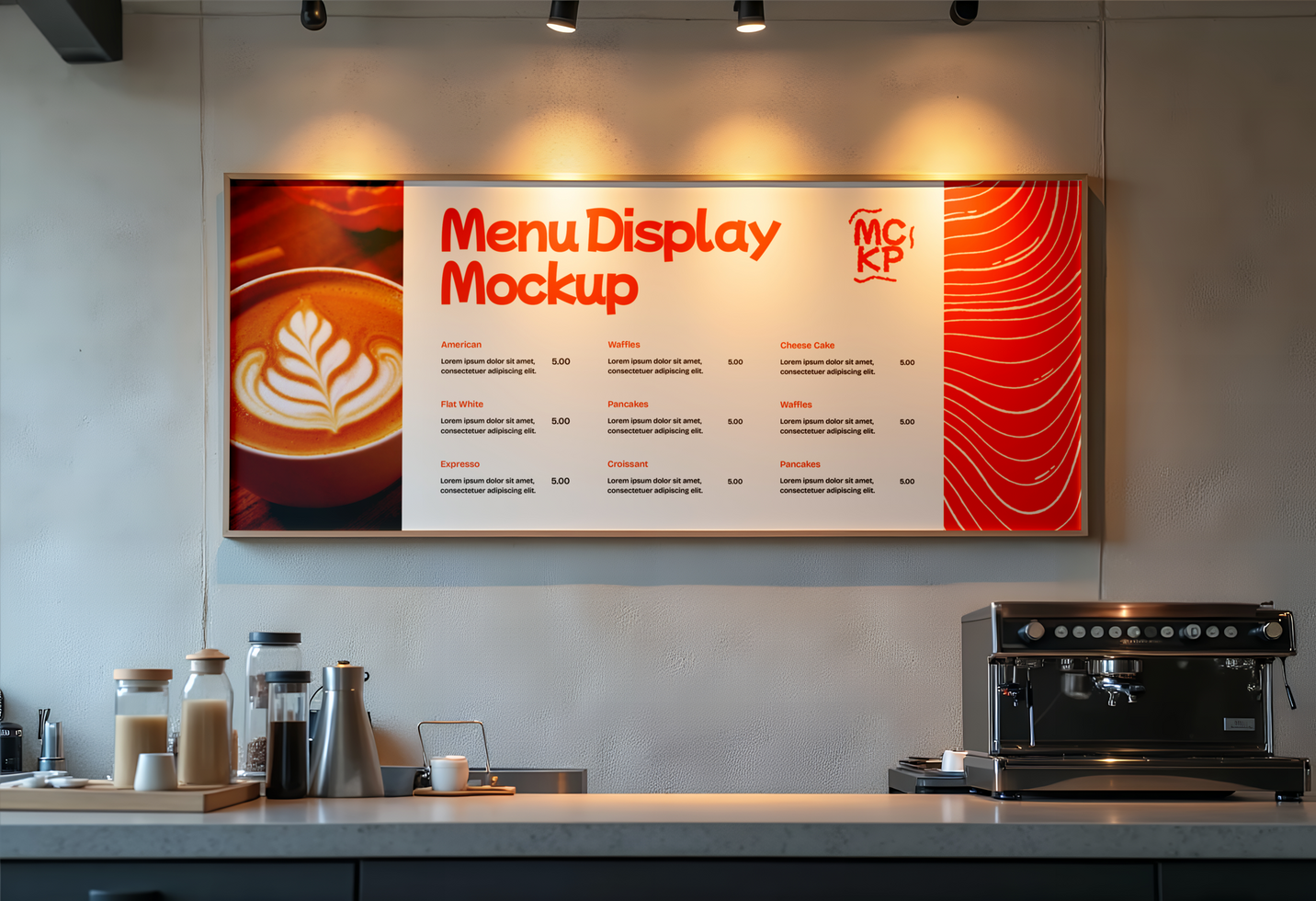 A cafe menu board showcasing a latte and various food and drink options psd