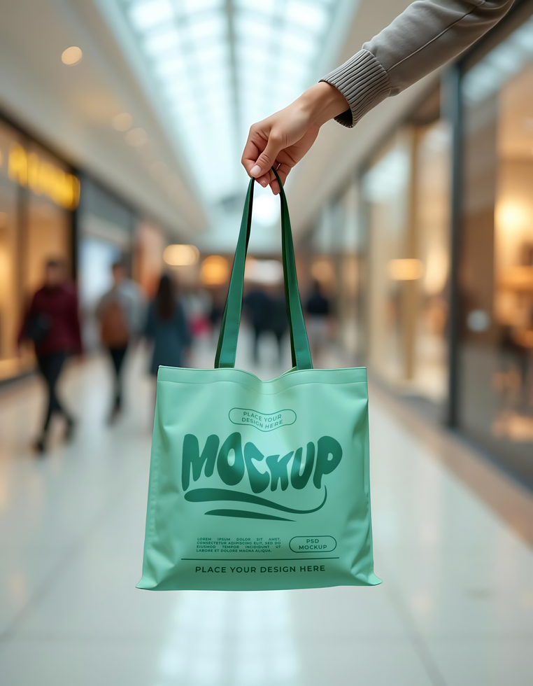 A hand holds a light green tote bag with the word Mockup printed on it in a shopping mall psd