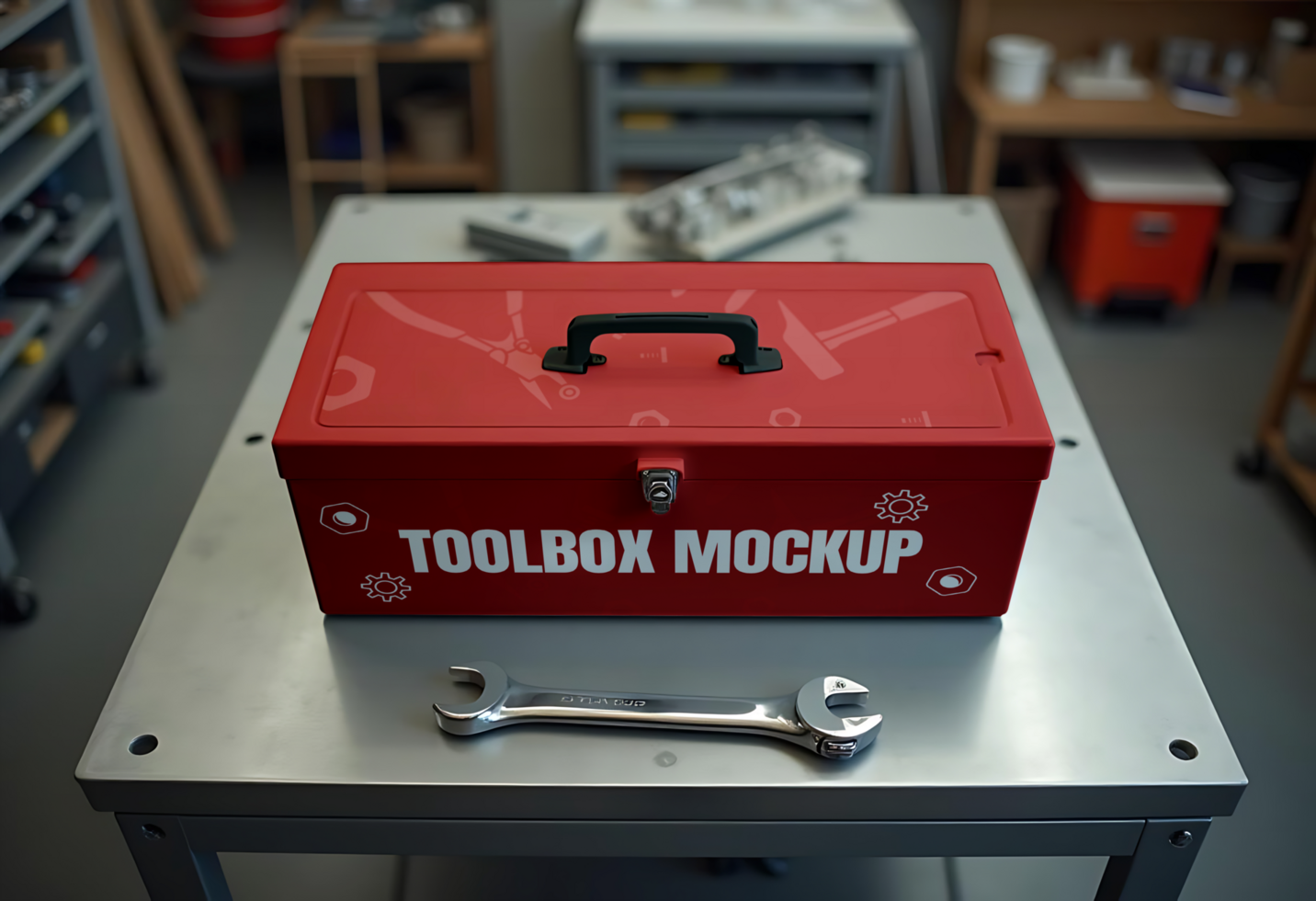 A red toolbox mockup sits on a workbench alongside a wrench psd