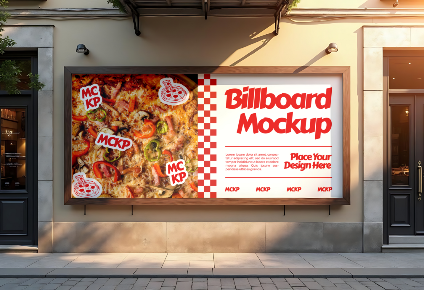 A billboard mockup featuring a delicious looking pizza psd