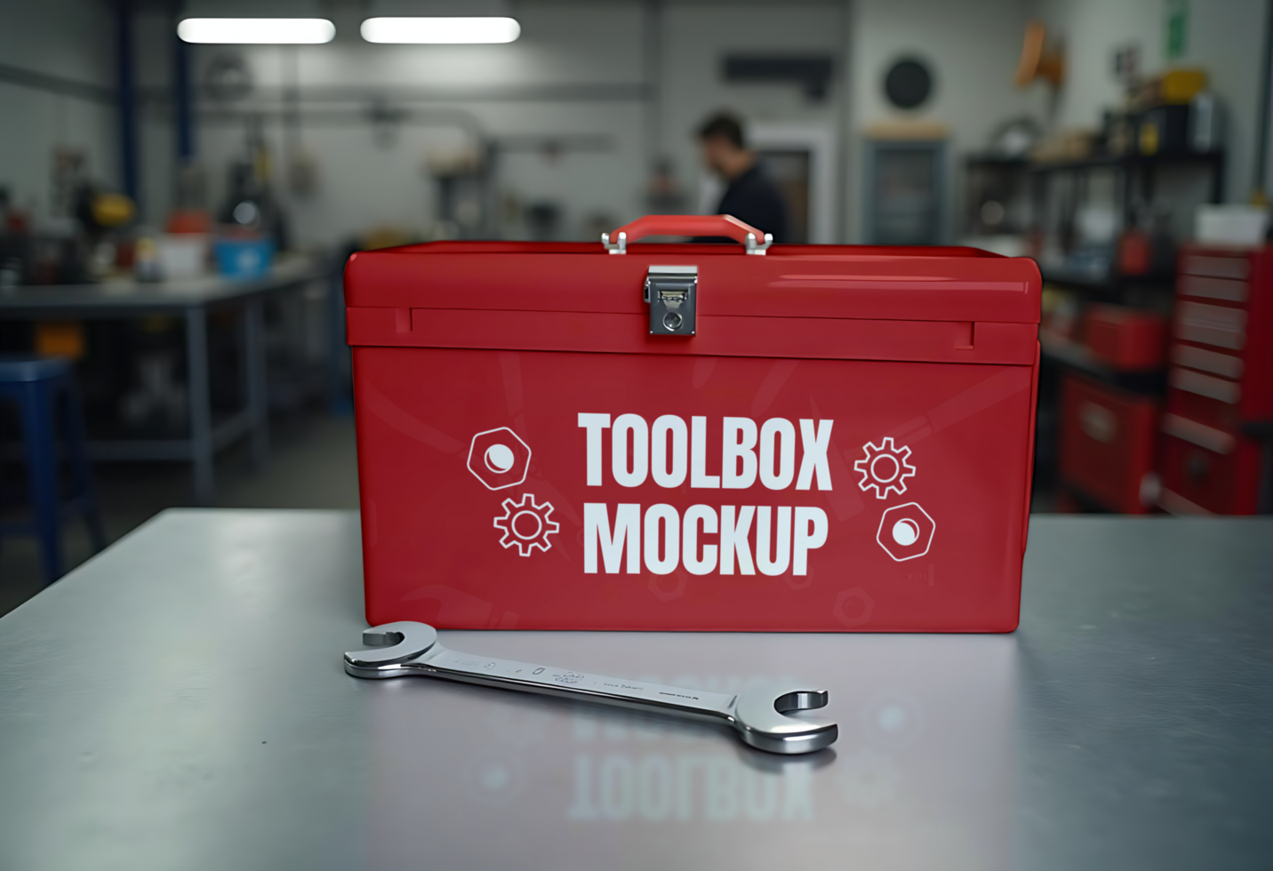 A red toolbox mockup sits on a workbench with a wrench beside it psd