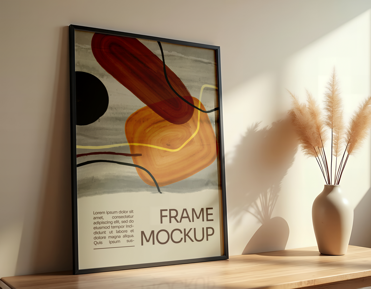 A framed abstract painting with warm earth tones sits on a wooden surface next to a vase of pampas grass psd