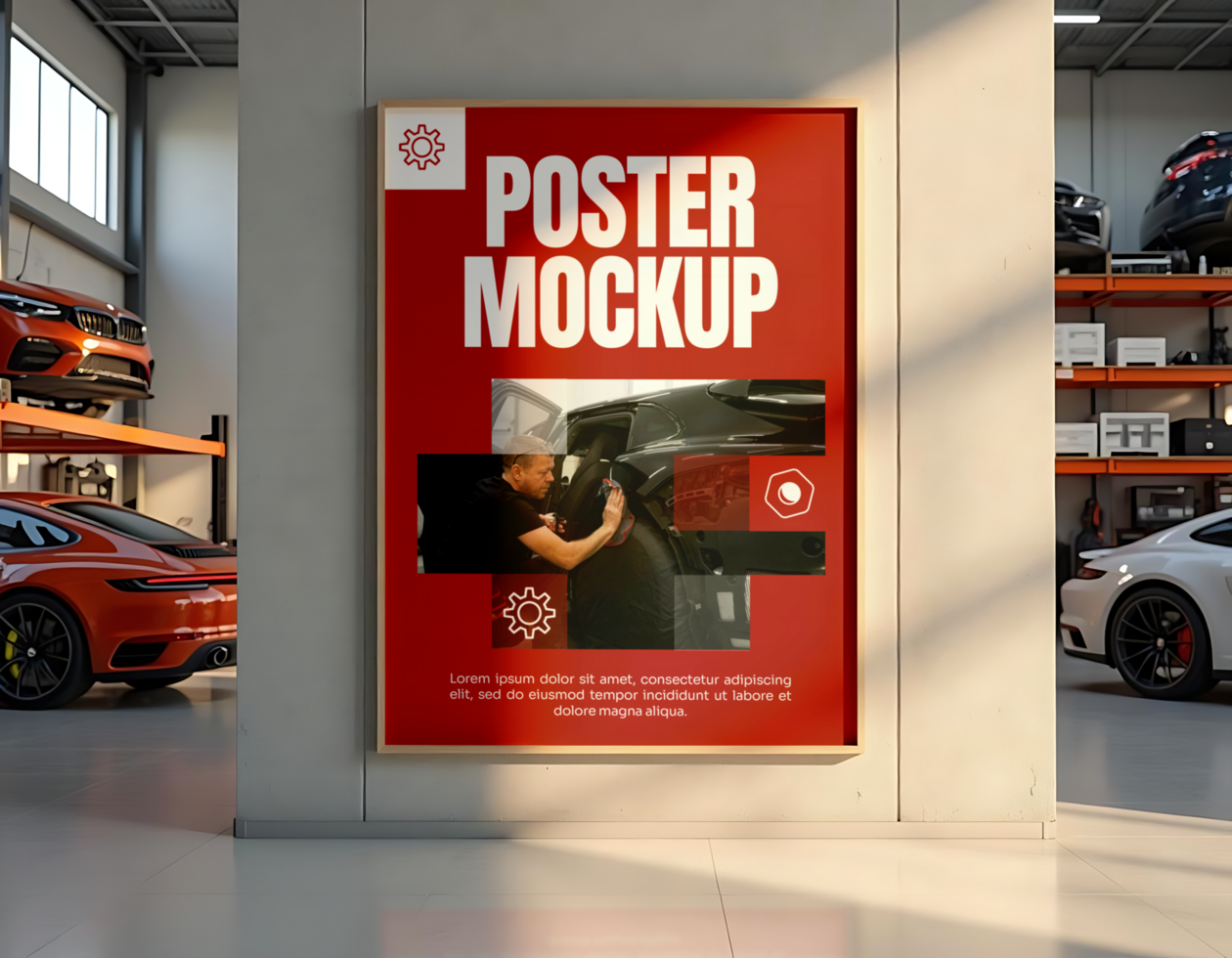 A poster mockup in a garage shows a mechanic working on a car psd