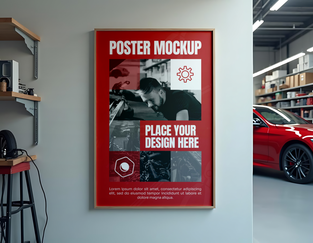 A red poster mockup showcasing a mechanic at work with space to add your own design psd