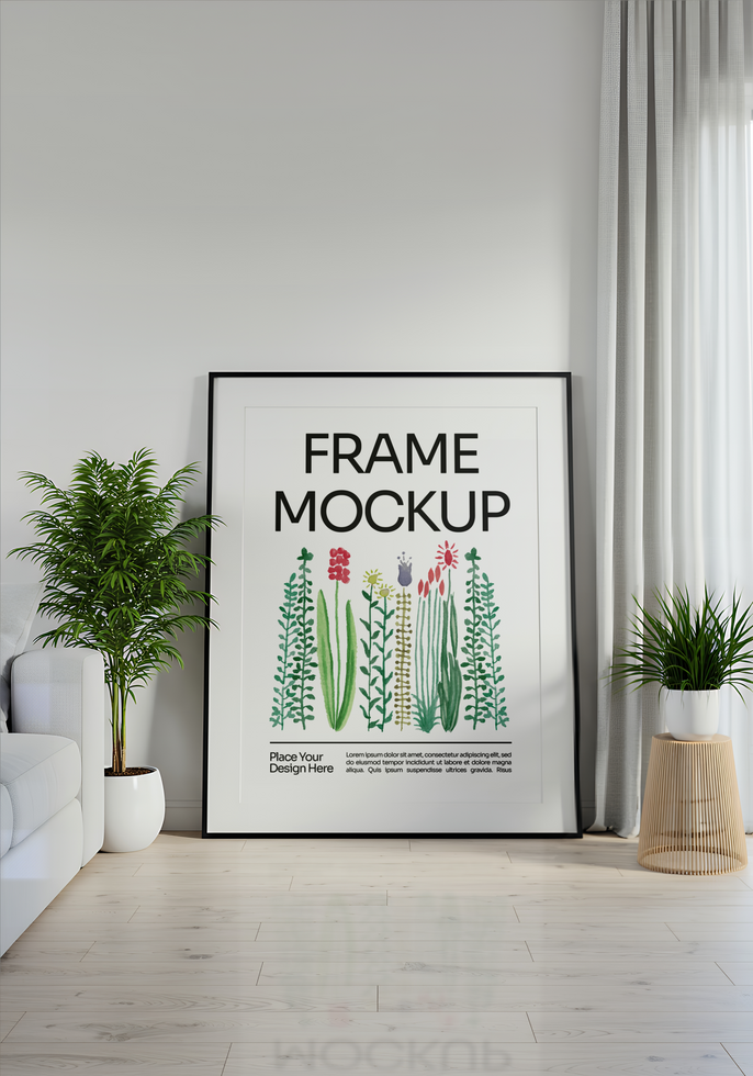 A minimalist living room features a framed botanical print mockup above a white couch psd