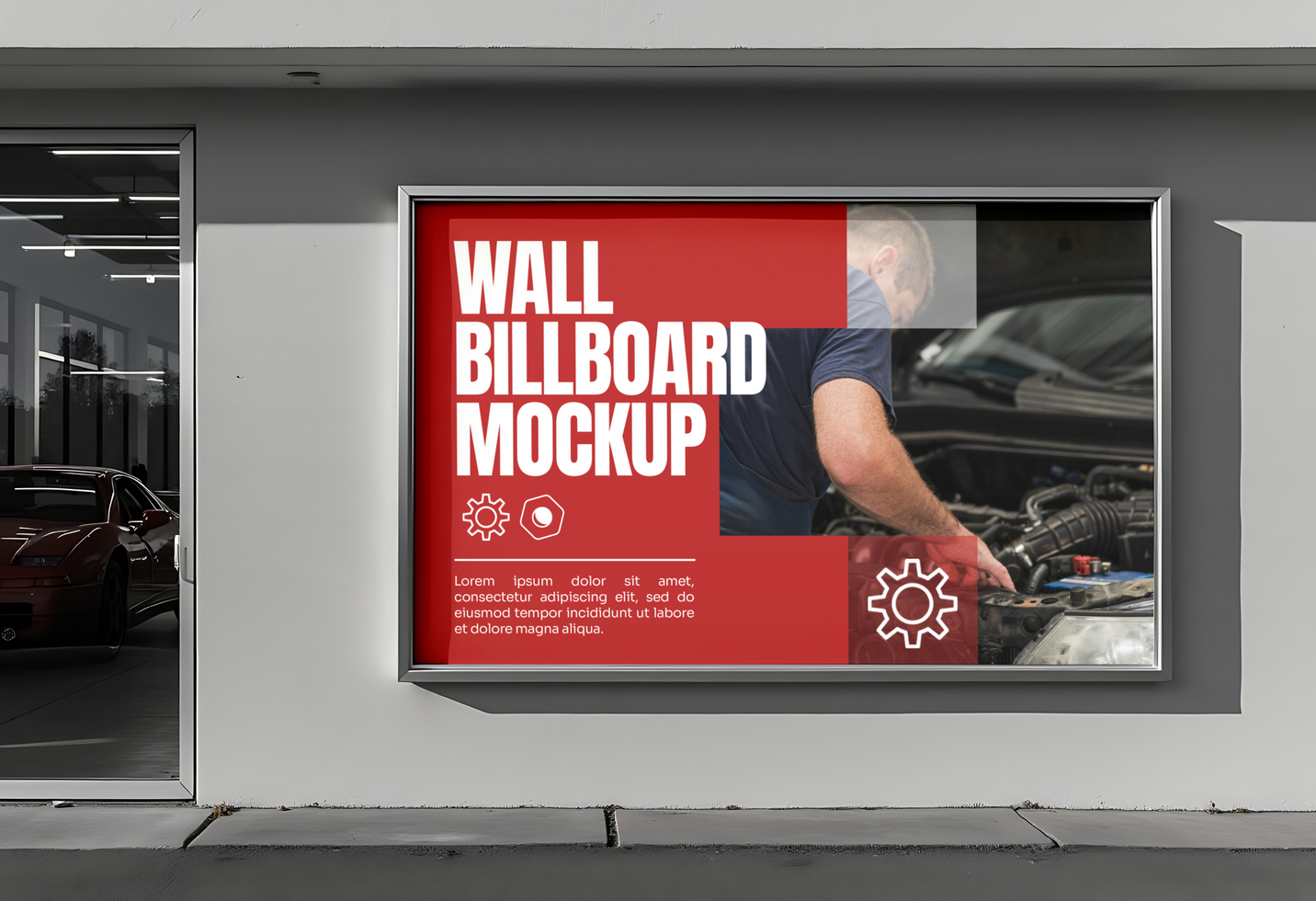 A red wall billboard mockup showcasing a mechanic working on a car engine psd