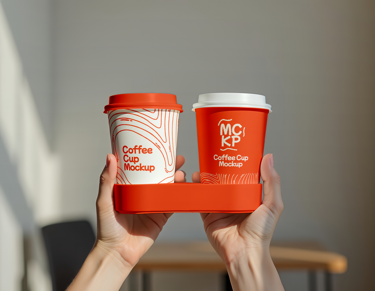 Two coffee cups in a holder ready for a caffeine break psd