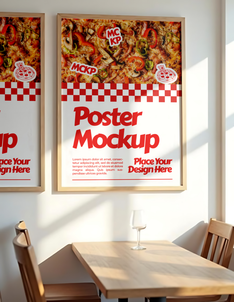 A poster mockup featuring a pizza design hangs on a wall above a small wooden table and chairs psd