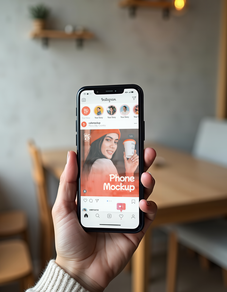 A hand holds a phone displaying an Instagram mockup featuring a woman with a coffee cup psd