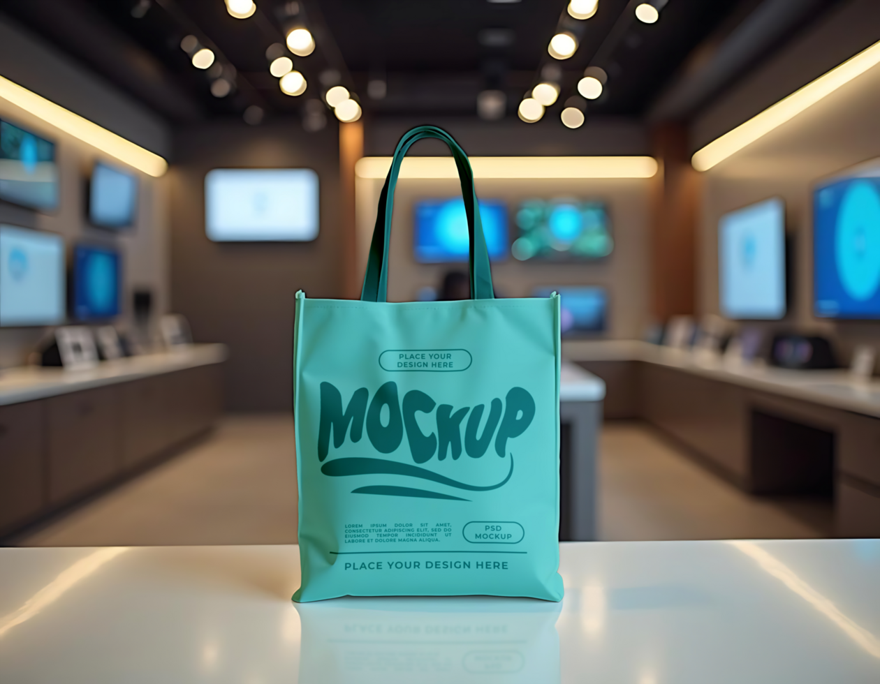 A teal tote bag mockup sits on a table in a modern retail store psd