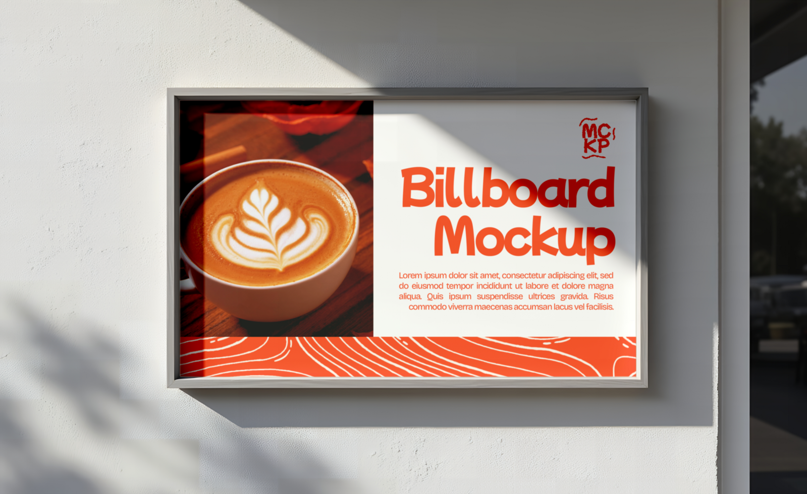 A billboard mockup showcasing a steaming cup of latte art psd