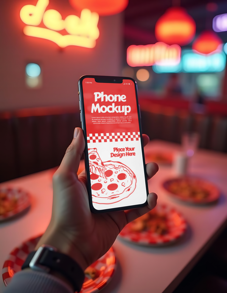 A hand holds a phone displaying a pizza design mockup in a dimly lit diner psd
