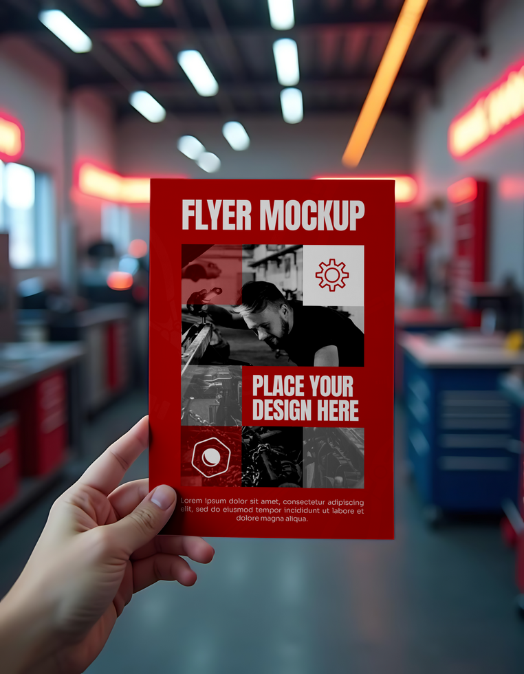 A hand holds a red flyer mockup featuring a mechanic at work ready for custom design psd