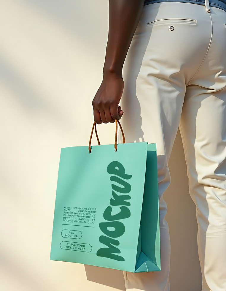 A person holds a teal shopping bag with the word Mockup printed on it psd