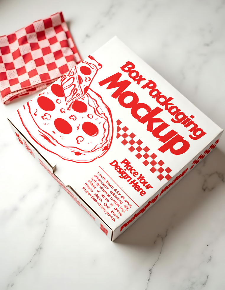 A pizza box mockup with a red and white checkered napkin psd