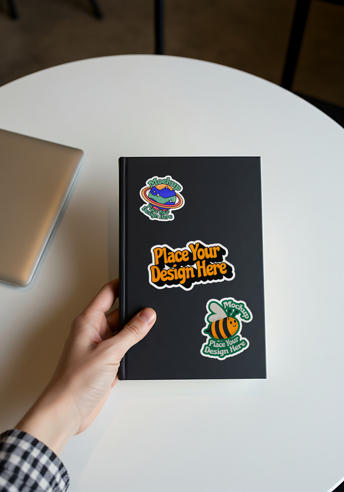 seticker with mockup attached on notebook psd