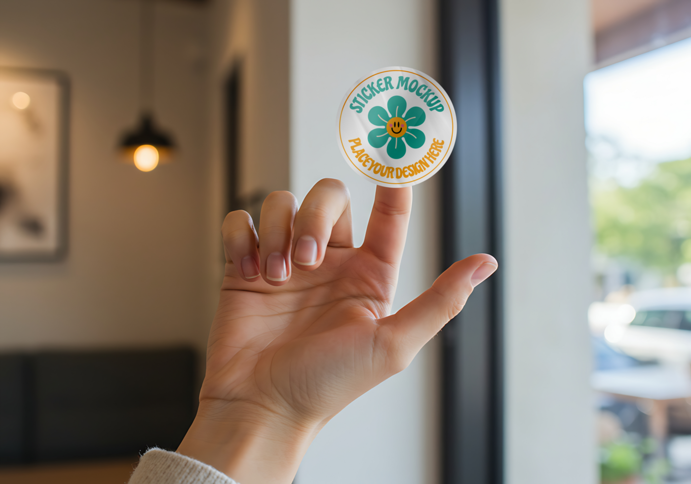 hand-held seticker mockup in cafe psd
