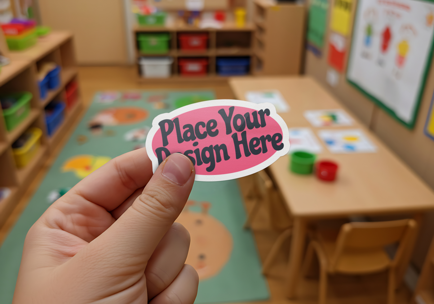hand-held seticker mockup in school psd
