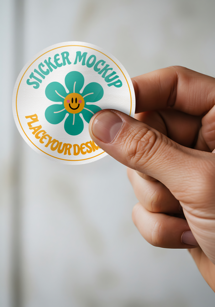 hand-held seticker mockup with man nail psd
