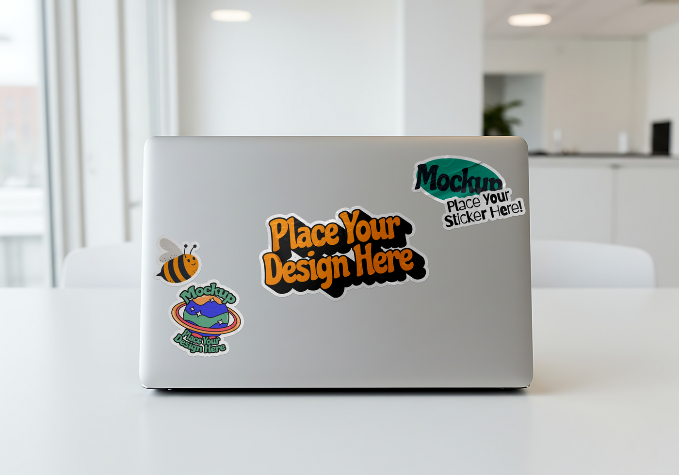 seticker with mockup attached laptop in office psd
