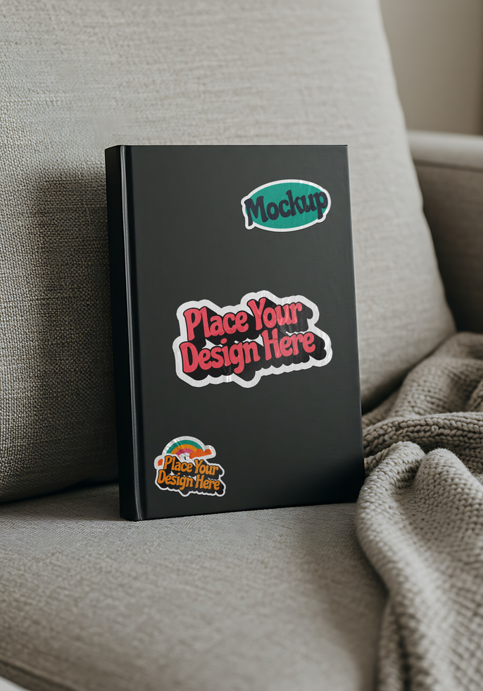 seticker with mockup attached on cover book psd