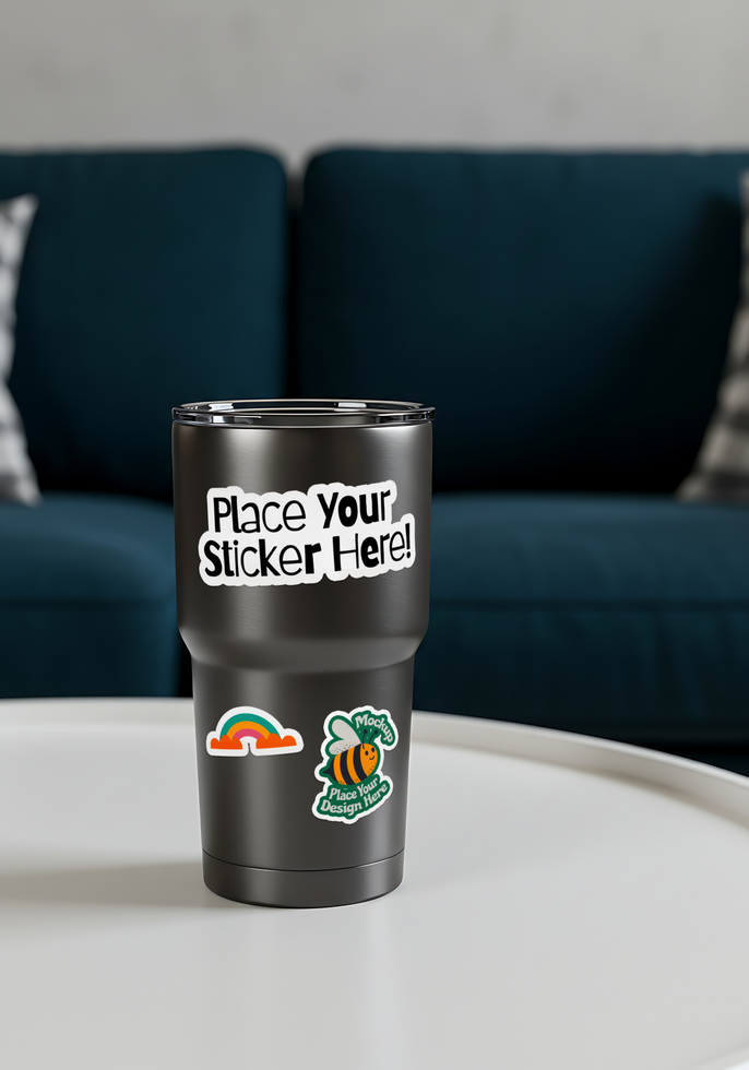 seticker with mockup attached on stell tumbler psd