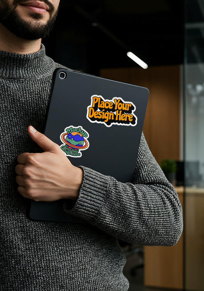 seticker with mockup attached on tablet psd