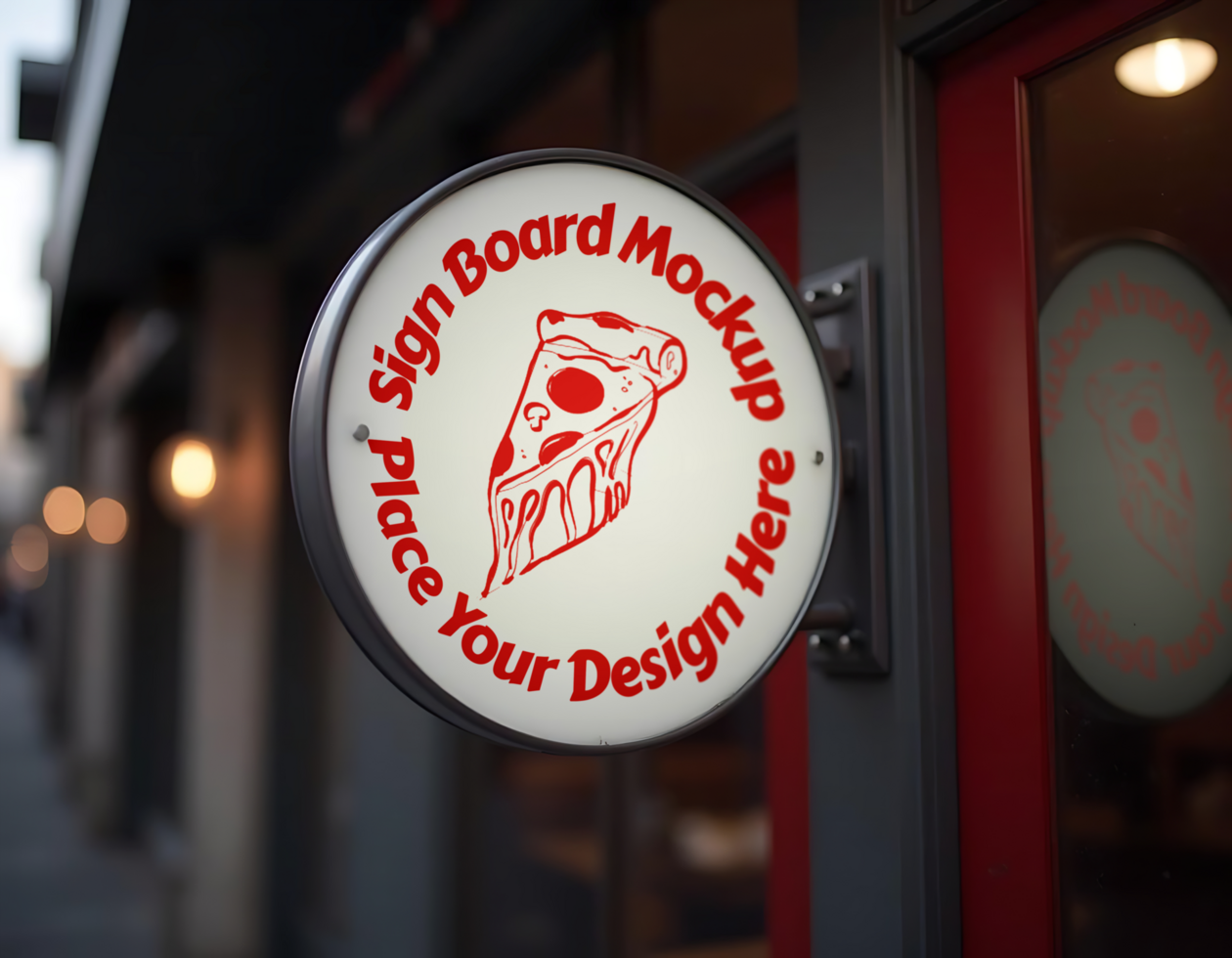 A sign board mockup displaying a slice of pizza with the text Place your design here psd