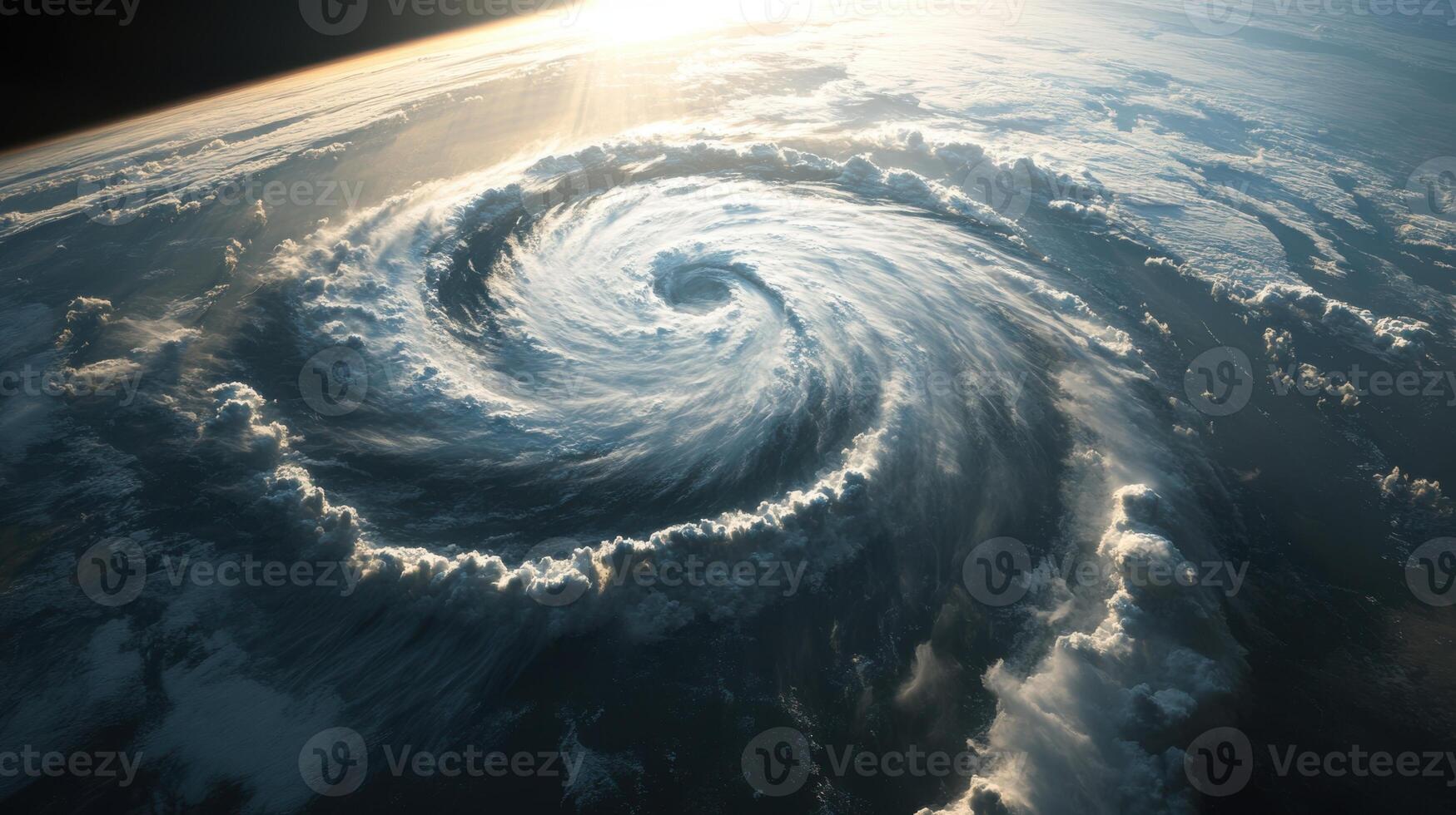 Gigantic tornado forming over the ocean, satellite view of swirling clouds. View from space photo