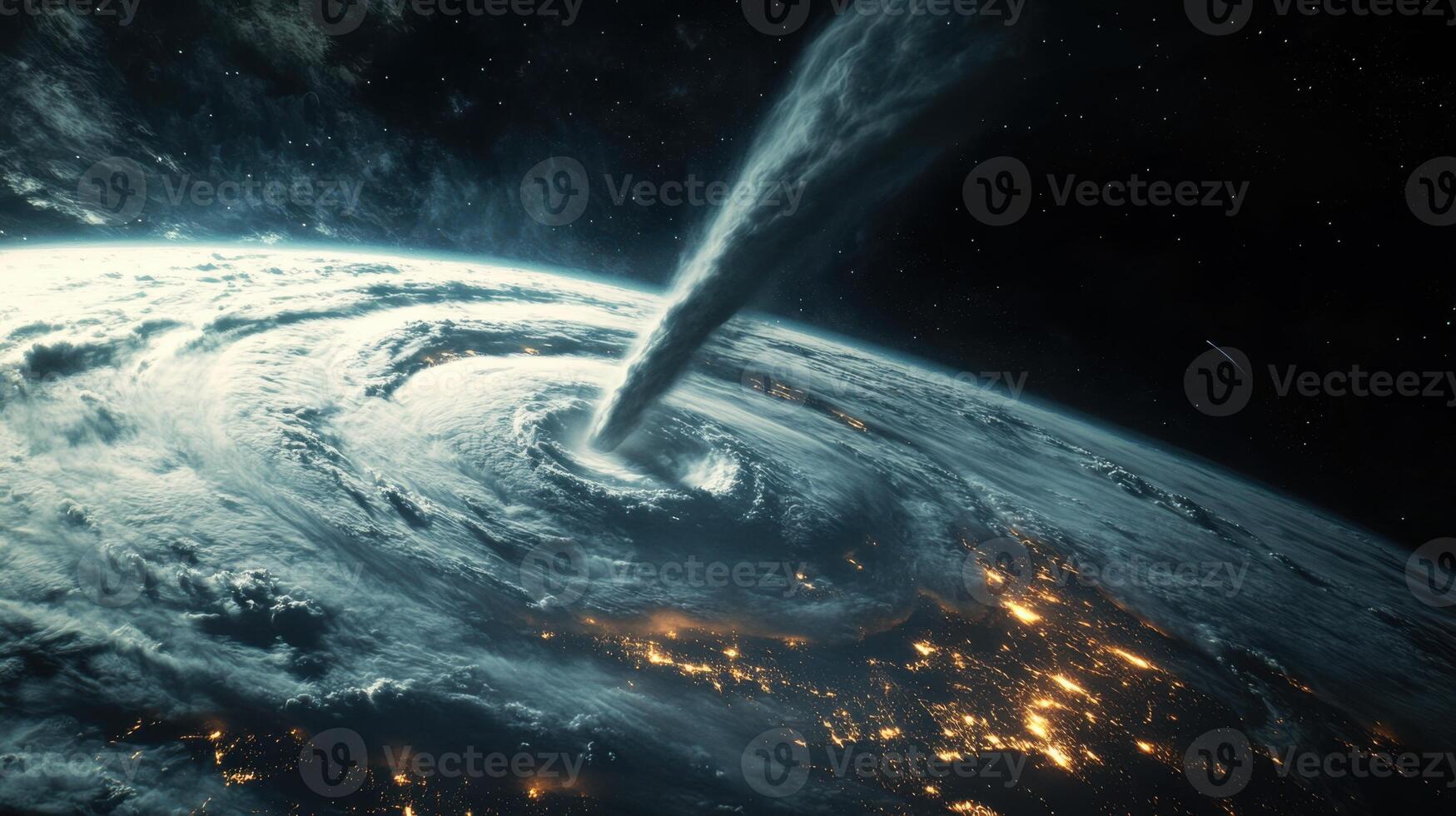 Tornado casting a vast shadow over land, seen from orbit, cosmic backdrop. View from space photo