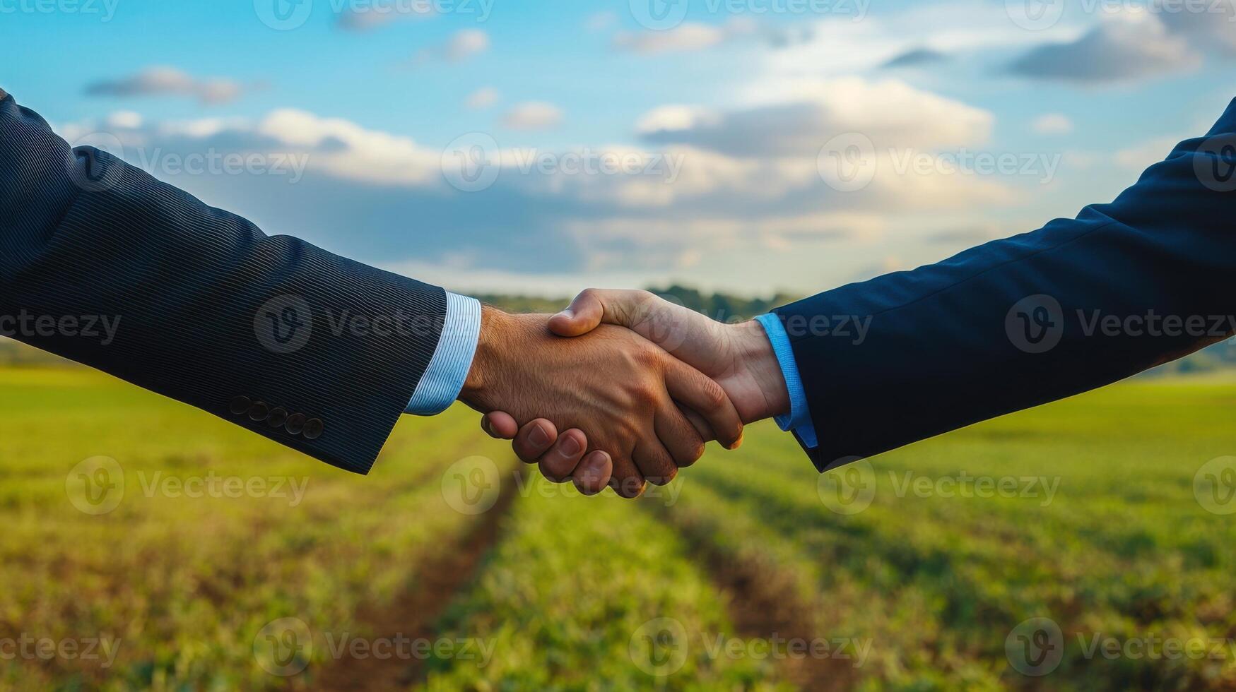 Professional land acquisition deal, business handshake on open property. Searching vacant land for development photo