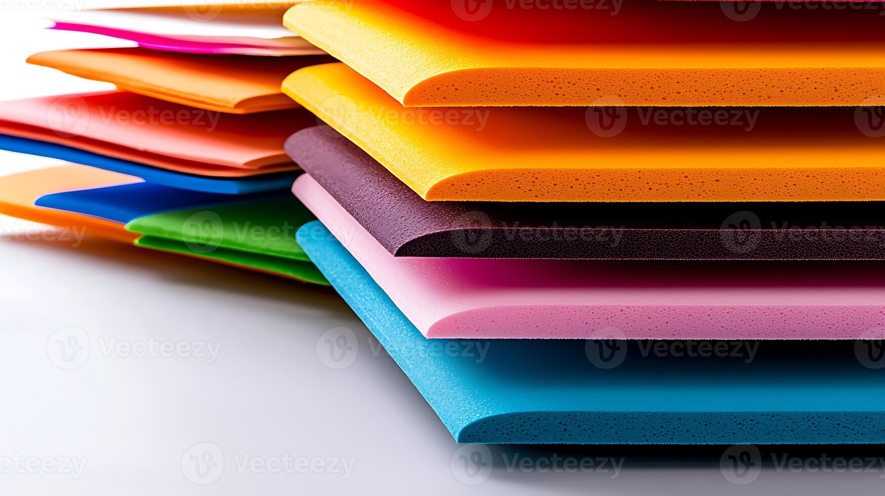 Vibrant stack of colorful foam sheets arranged neatly, showcasing a variety of hues and textures photo