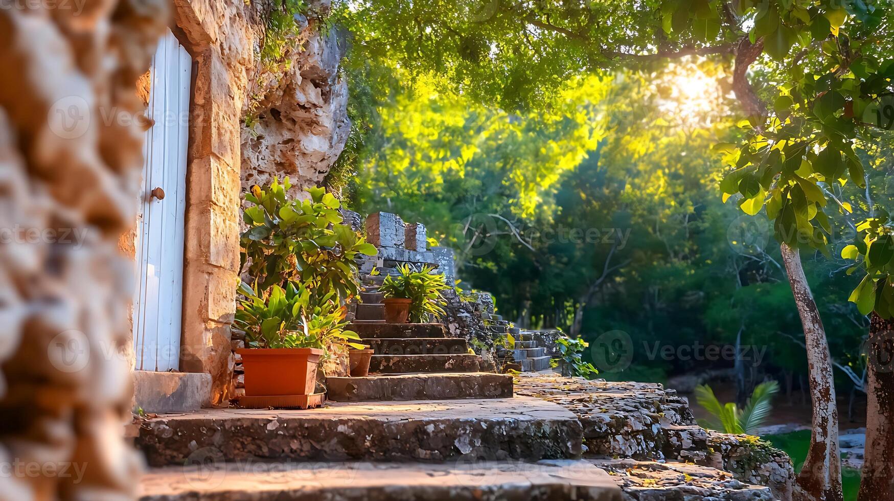 Serene stone pathway leading to a rustic entrance surrounded by lush greenery at sunrise photo