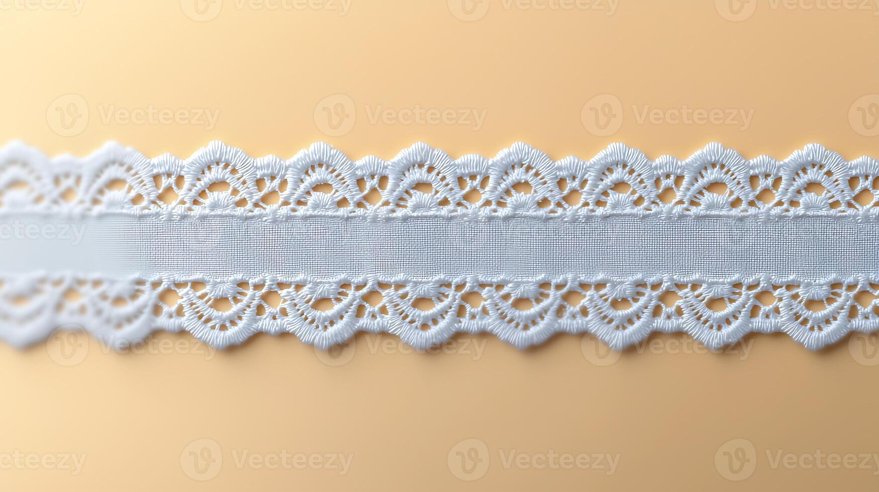 Close-up of delicate white lace ribbon on a soft golden background, showcasing intricate details photo