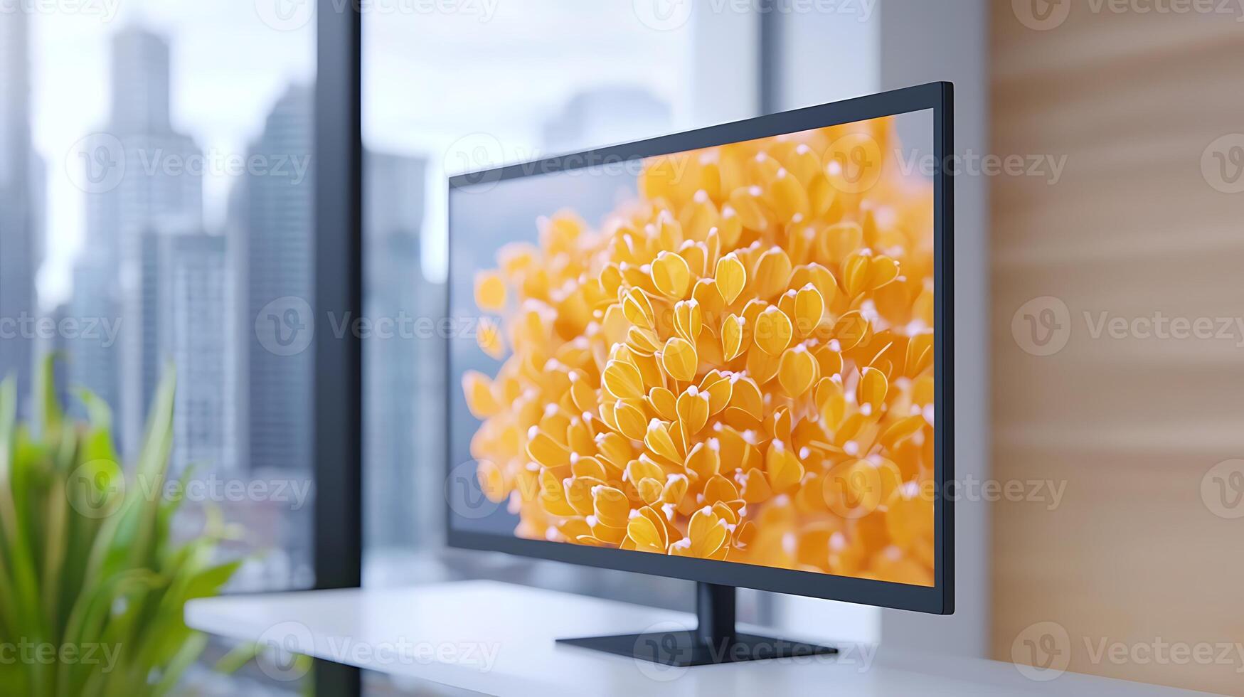 Vibrant close-up of yellow flower petals displayed on a modern monitor in a city office setting photo