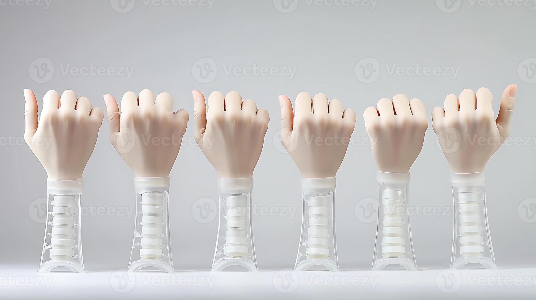 Set of six realistic model hands displaying thumbs-up gesture against a neutral background photo