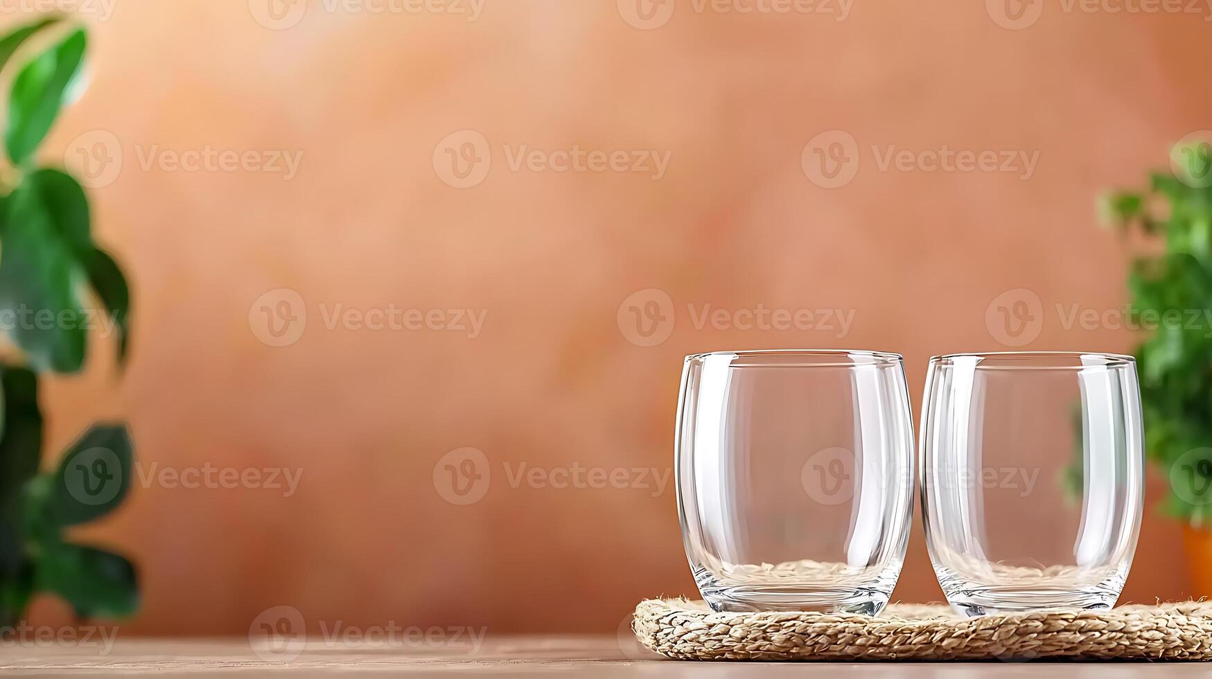 Two clear glass cups placed on a woven mat against a warm, textured background with plants photo