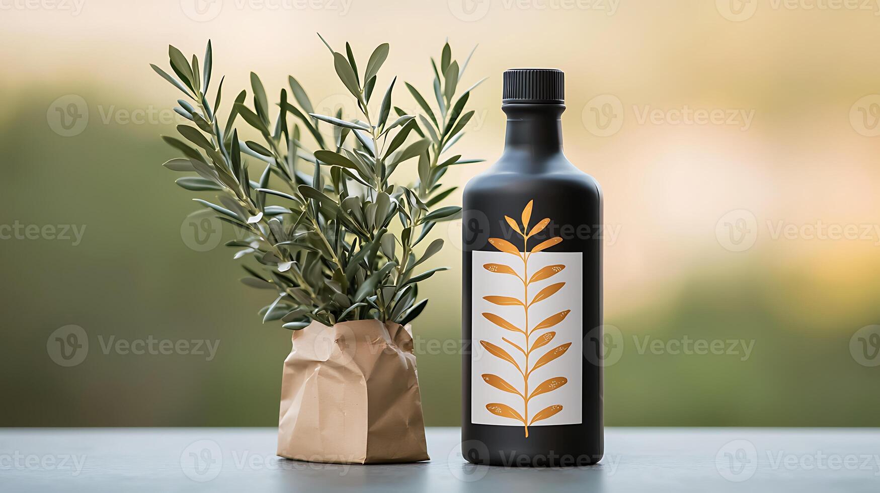 Black bottle with golden leaf design beside potted olive plant on a table against blurred nature backdrop photo