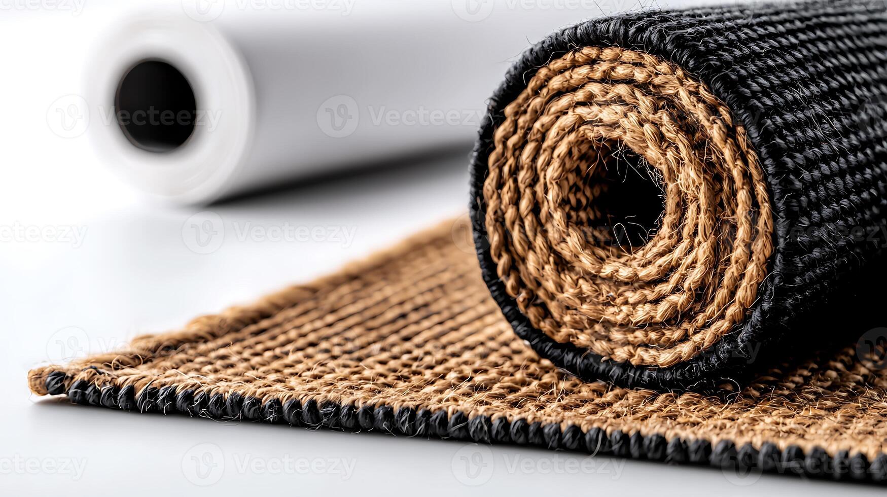Close-up of a rolled jute rug next to a white background showcasing texture and design photo